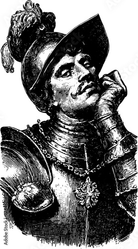 Knight in armor depicted in vintage silhouette. An antique engraving showcasing detailed line drawing as a vector illustration.