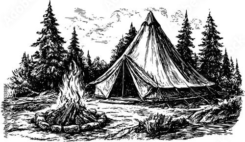 Vintage illustration of a camping scene featuring a tent and a fire surrounded by trees. Detailed vector artwork capturing an outdoor wilderness set.