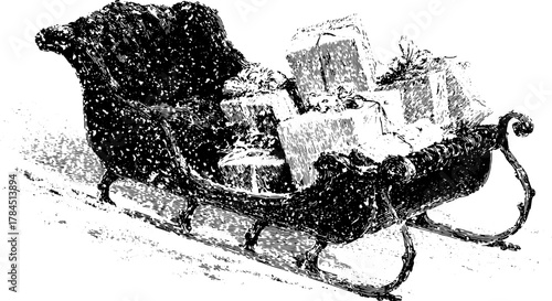 Vintage sleigh filled with gifts in a black and white vector illustration. This winter-themed set captures a cozy holiday scene.