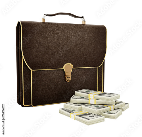 Brown leather briefcase and money isolated on transparent background. 3D illustration