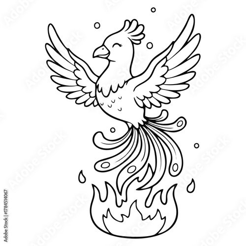 Smiling Cartoon Phoenix Bird Rising from Flames - Mythical Line Art