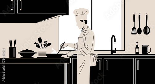 Chef at work preparing food in a modern kitchen with minimalist and clean lines