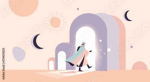 A captivating journey: Silhouette of a traveler stepping through a portal of opportunity into the