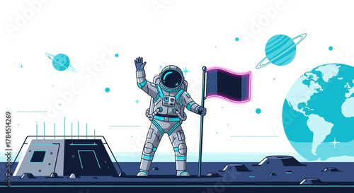 Astronaut Waving a Flag on the Moon Illustration for Space Exploration Projects