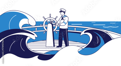 Cartoon style illustration of a ship captain navigating through ocean waves a serene maritime scene