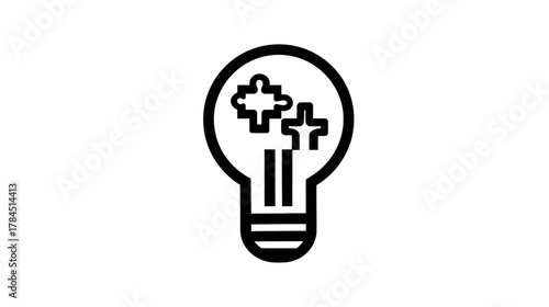 Creative problem-solving concept icon with lightbulb and interconnected jigsaw puzzle pieces. Idea generation and innovative solution symbol.