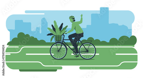 Green transportation and sustainability concept with a person riding a bicycle in a city with plants