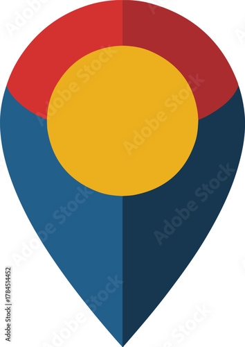 Vibrant location pin vector symbol for mapping navigation and destination tracking applications with red blue and yellow colors