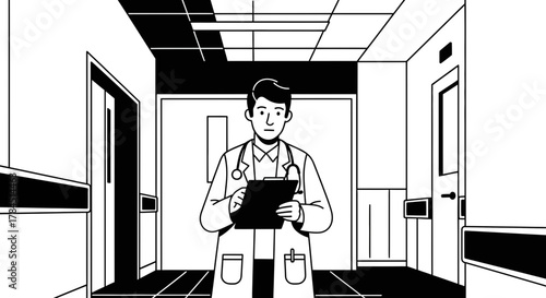 Illustration of a doctor in a hospital corridor, symbolizing healthcare and medical profession and