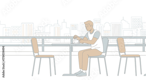 Illustration of a man enjoying a coffee with a cityscape view on a rooftop cafe