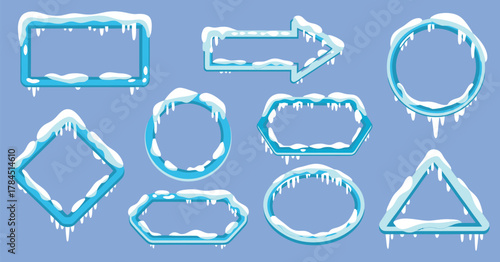 advertising banners with snow and ice cap designs in multiple shapes including rectangular, square, oval, arrow, and round, perfect for winter promotions and seasonal campaigns