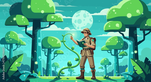 Scientist explores the ecology of a vibrant forest and studies the growth of nature and plants in