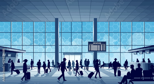Stylish airport scene depicting travelers in silhouette against large windows with departure board