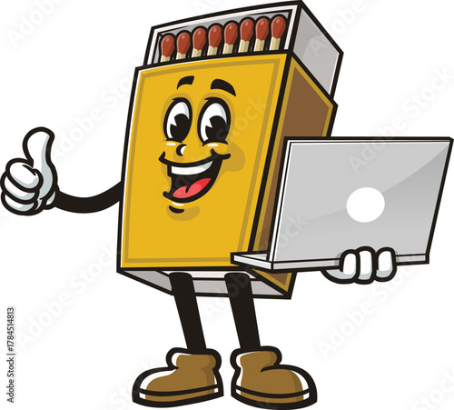 Matchstick box mascot cartoon holding a laptop