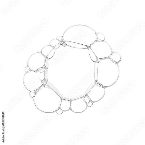Close up macro view of a delicate ring formation of interconnected soap bubbles showing iridescent colors and reflections isolated on transparent background