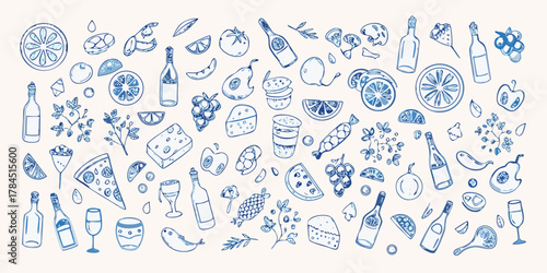Whimsical hand drawn blue food and drink elements pattern on light background