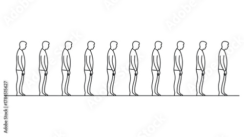 Minimalist illustration of nine identical human figures standing in a straight line, symbolizing repetition, conformity, and uniformity