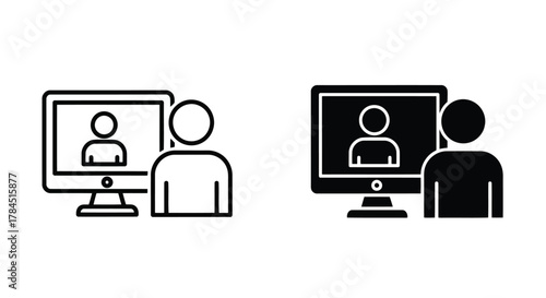 Vector art of online communication and collaboration concept illustration of a person on a computer screen with another person standing beside it