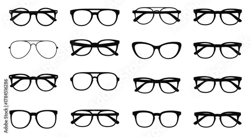 Vector art of collection of various eyeglasses, showcasing diverse styles and shapes for vision correction and fashion accessories