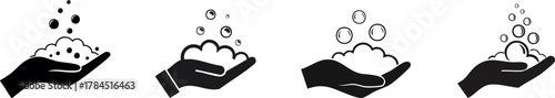 Four stylized icons depict hands holding bubbles and foam, symbolizing cleanliness, hygiene, or soap-related themes.