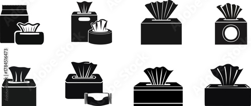 A collection of various tissue box designs in black silhouette, showcasing different shapes and styles.