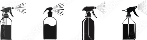 A collection of illustrated spray bottles in various designs, showcasing different spray patterns and contents.