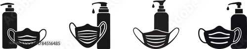 A series of black and white icons depicting hand sanitizer bottles and face masks, symbolizing hygiene and safety practices.
