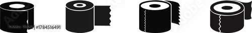 Four rolls of black and white toilet paper, each with a different orientation and design, depicted in a simple graphic style.