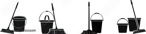 A collection of cleaning tools including buckets and brooms, illustrated in black and white, highlighting essential items for housekeeping.