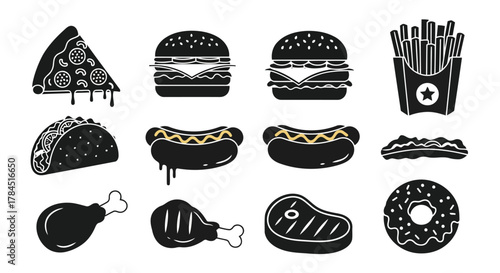 Vector art of collection of fast food icons in black silhouette, including pizza, burger, fries, taco, hotdog, chicken, steak, and donut