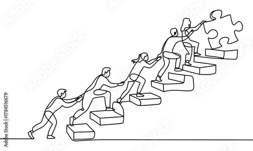 continuous line drawing of team helping each other climb stairs and place puzzle piece, symbolizing collaboration, support, and success