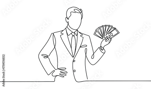 minimalist continuous line drawing of confident businessman holding money, symbolizing financial success, wealth, and ambition