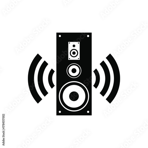 Black and white speaker icon emitting sound waves.