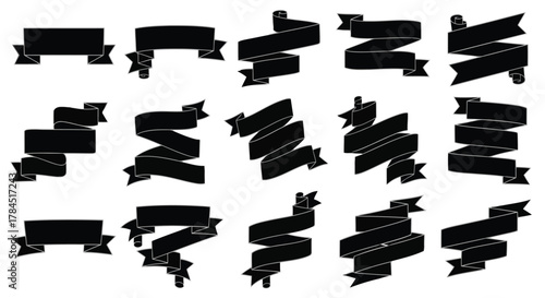 Vector art of collection of black ribbon banners this set features various shapes and styles of decorative ribbons for graphic design