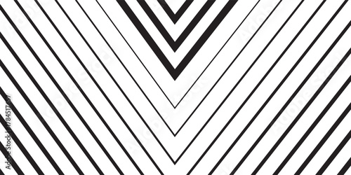 Black linear arrow background. Repeated triangle gradation pattern backdrop. Vector fading striped halftone gradient texture. Thin to thick speed line concept for overlay, poster, print, cover, banner