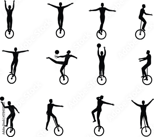 Unicycle rider silhouette collection, circus performance poses, balance sport icons, acrobatic stunt figures, flat vector illustration, isolated black shapes