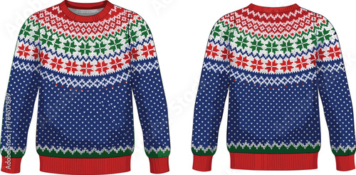 Christmas sweater technical flat sketch, winter knitwear design, festive pullover vector illustration, front and back view, apparel template, CAD drawing