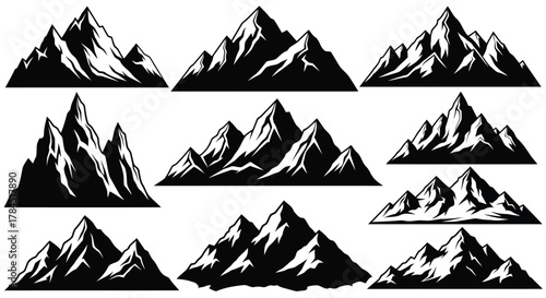 Vector art of mountain range silhouette collection featuring various peaks and ridges, perfect for outdoor and adventure themes on