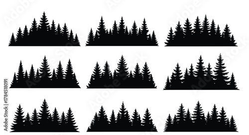 Vector art of silhouetted forest tree line, depicting nature, wilderness, and the serene beauty of woodland landscapes in minimalist design