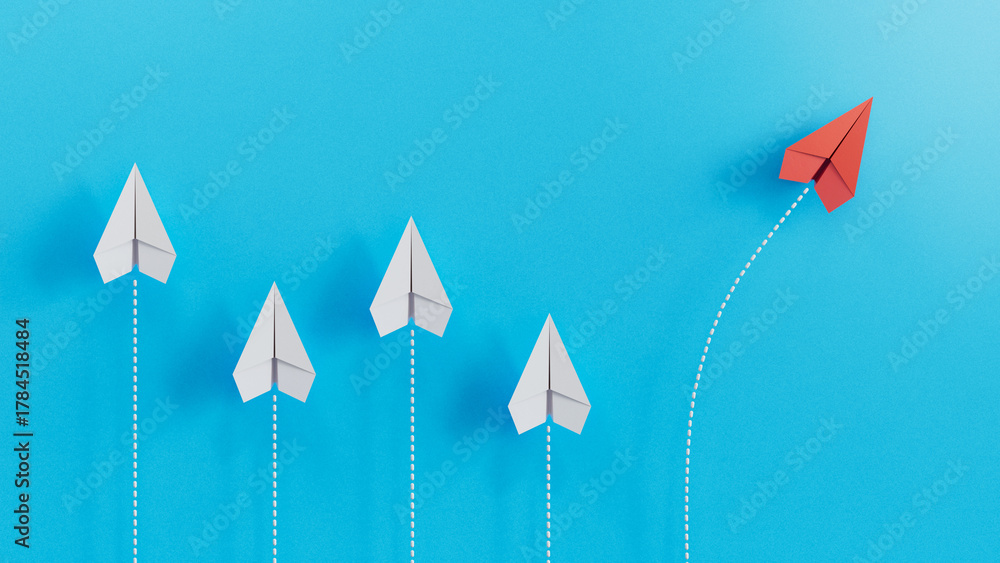 Αυτοκόλλητο Red Paper Airplane Taking a Distinct Path Away from White Counterparts on Blue B