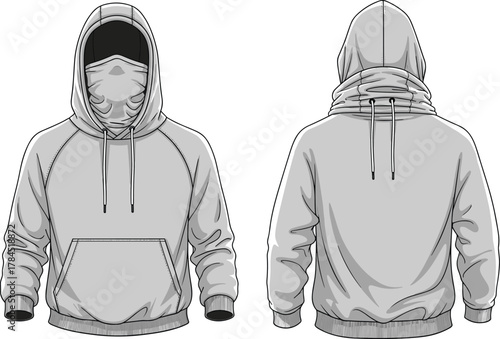 Hoodie sweatshirt technical flat sketch, vector fashion design, face mask hooded pullover, front and back view, apparel illustration template, CAD drawing