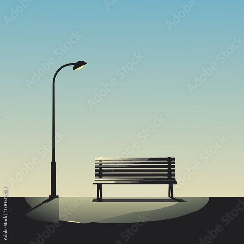 Serene park bench and lamppost bathed in soft twilight glow, evoking peaceful evenings