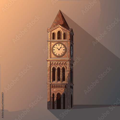 Majestic clock tower bathed in warm sunset light, casting long shadows