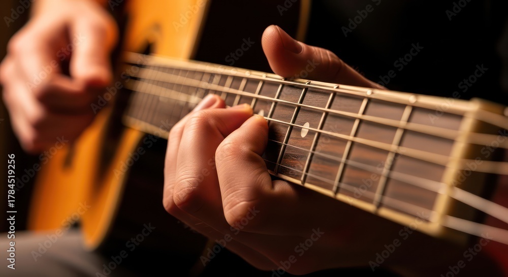 Fototapeta premium Close-up of a person's hands playing a guitar with a shallow depth of field, focusing on the fingers pressing the strings in a dark setting with warm tones.