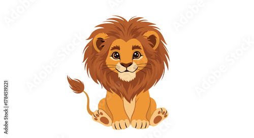 A cute and friendly cartoon lion cub with a fluffy mane and bright golden fur sits adorably, radiating a sweet and playful charm against a pristine white background.
