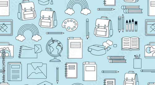 Seamless pattern featuring outlined school supplies and educational items like backpacks, books, globes, and art palettes on a soft blue background, ideal for learning themes.