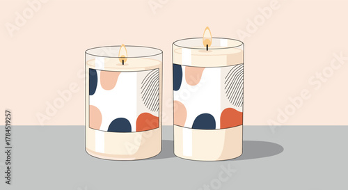 Stylish vector illustration depicting two burning scented candles in clear glass containers, featuring contemporary abstract labels with earthy tones.