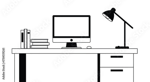 Vector art of desk with computer, books and lamp workplace with monitor, mouse, keyboard and stationery for office or home