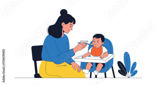 A mother lovingly feeds her baby solid food from a spoon while the baby sits comfortably in a high chair, illustrating early childhood nutrition and care.