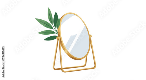 A beautiful golden-framed oval mirror is presented with fresh green foliage peeking from behind, set against a pristine white background, perfect for beauty and decorative themes.